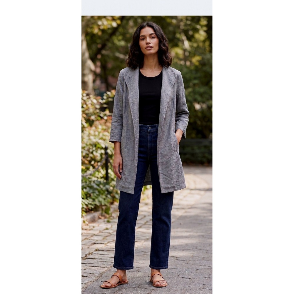 Eileen Fisher Long Jacket Blazer Womens S Open Front Textured Italian Fabric